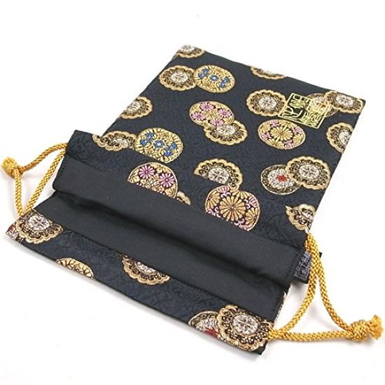 Senshishuin Nishijin Brocade Drawstring Bag Gold Circle Large (Lined) Crest/Black,