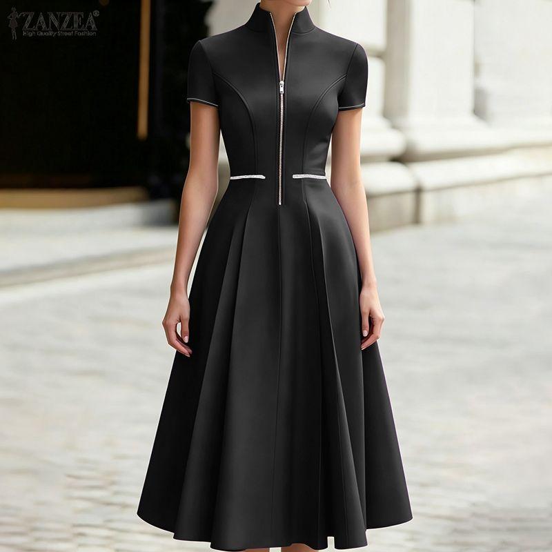 ZANZEA Women Casual Zipper Stand Collar Summer Short Sleeve Dress