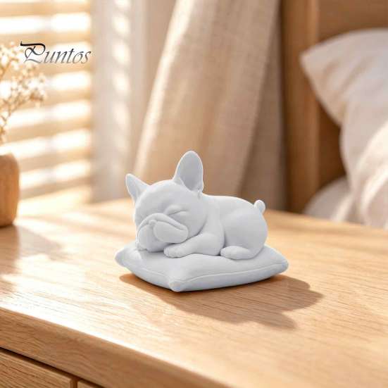 White Bulldog Model for Painting Sleeping French Figurine, 3D Printed Small Dog Statue, Cute PLA Animal Sculpture Home, Office, Desktop, Car Dashboard