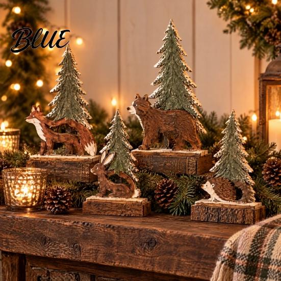 Lightweight Wood Holiday Ornaments 4Pcs Christmas Forest Friends Wooden Tabletop Decor Vintage Animal & Pine Natural Grain Statues Tree Figurine