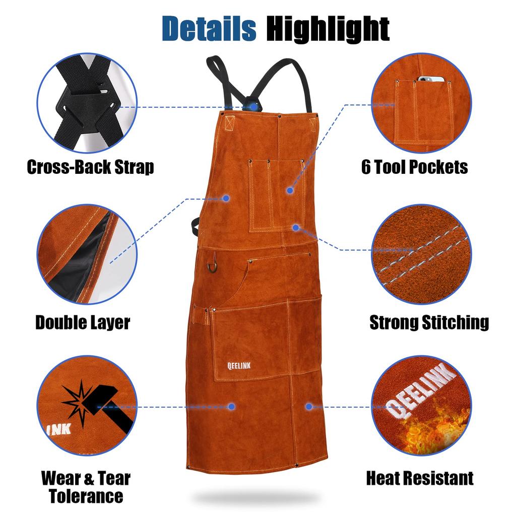 QeeLink Cowhide Welding Apron with 6 Pockets, 61 X 107 Cm