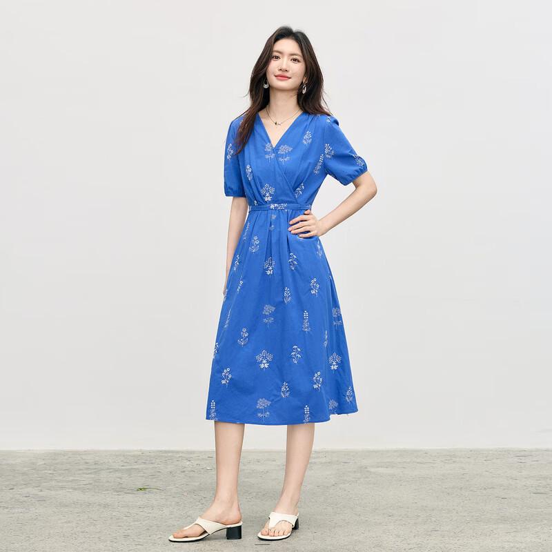 Klein Blue Embroidered French V-Neck Midi Dress