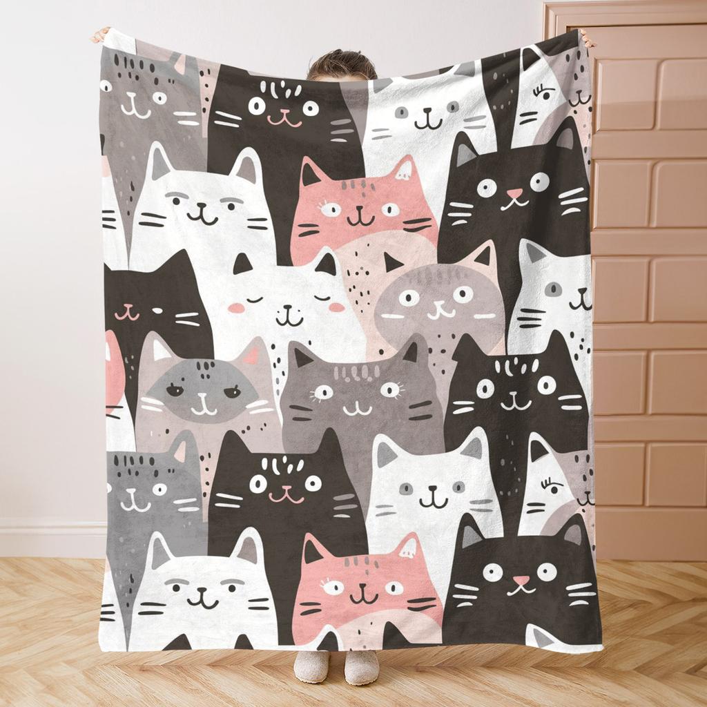 Cute Cat Cartoon Print Throw Blanket Cozy Sofa Couch Manta Soft Bed Decorative Blanket For Bedroom Living Room Home Decor