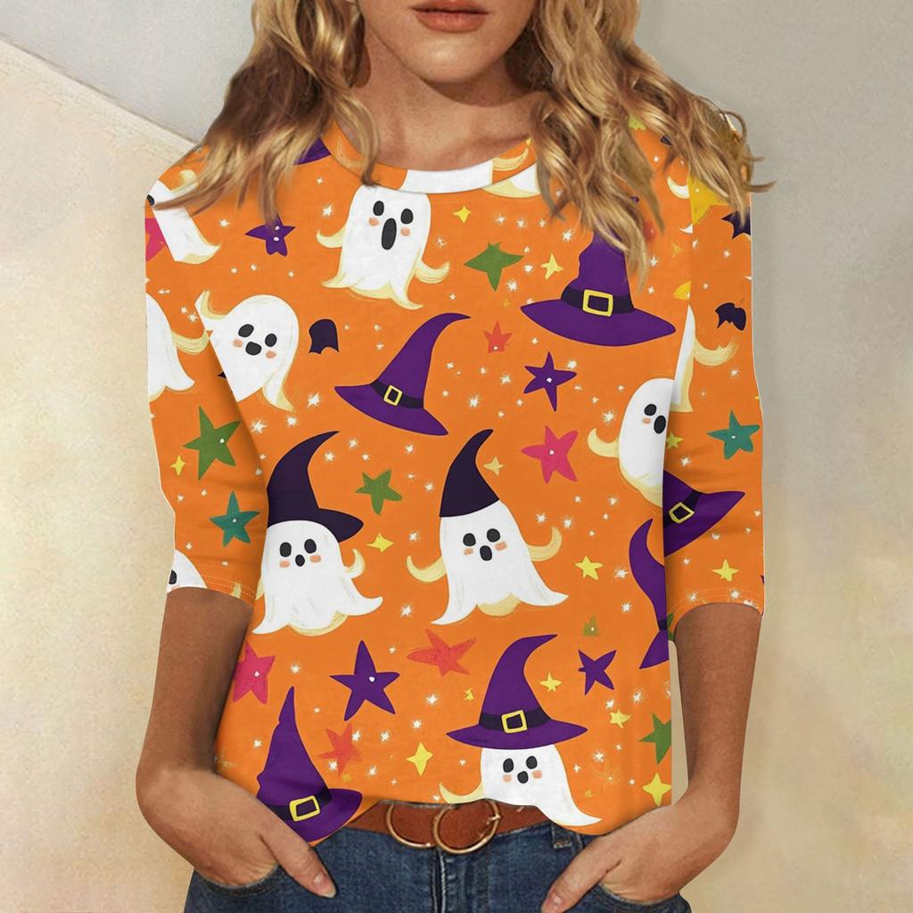 Women's Fashion Casual Three-quarter Sleeve Halloween Printed Round Neck Top