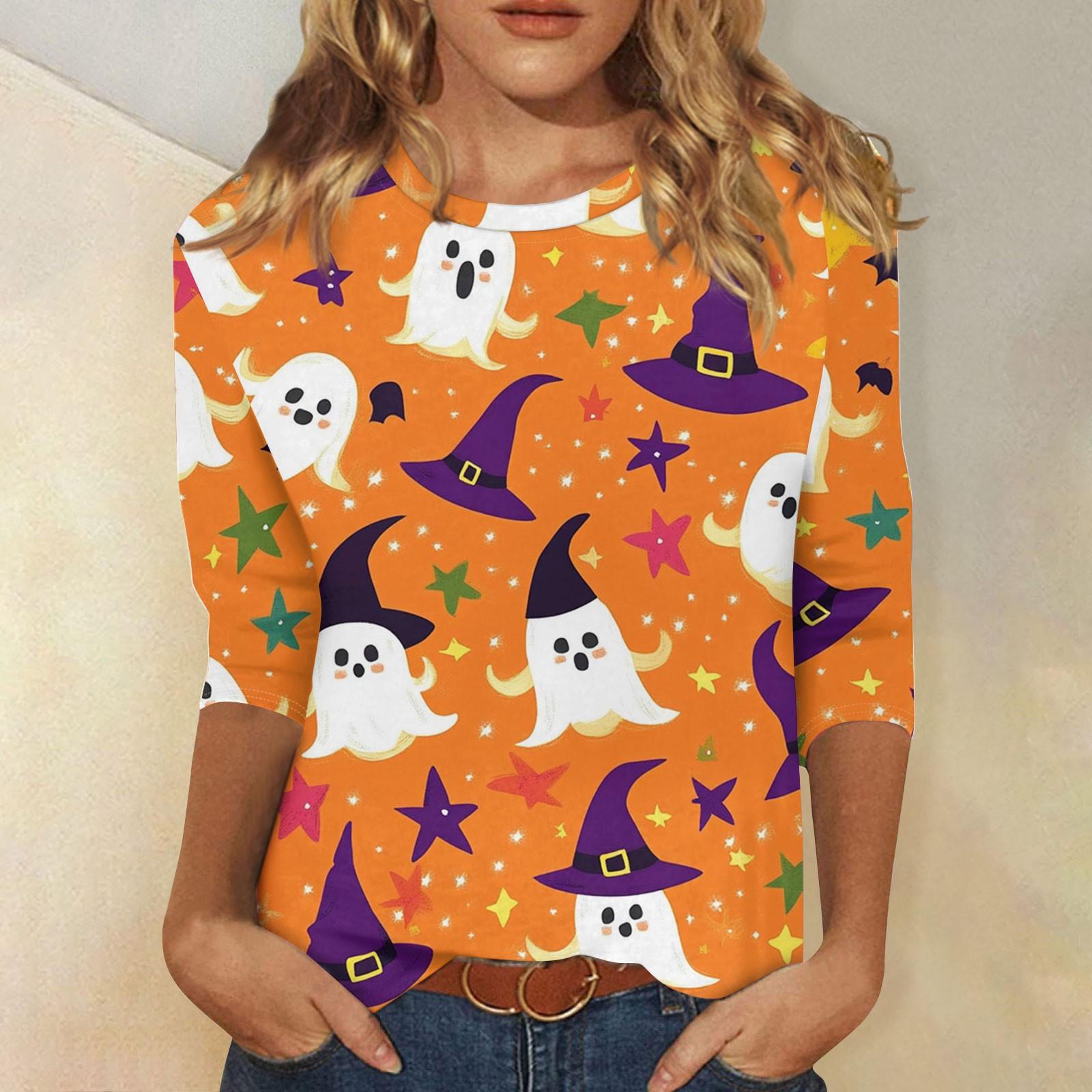 

Женская модная повседневная футболка с рукавом три четверти и принтом на Хэллоуин, с круглым вырезом XXL