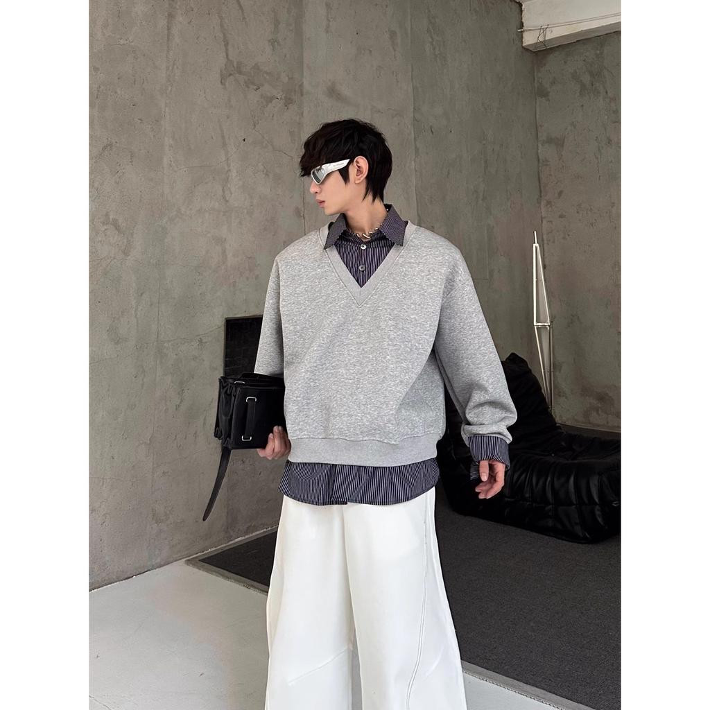 Men's Spring Autumn New Korean Style Niche Stylish Design Fake Two-Piece Spliced Sweatshirt Solid Color Versatile Loose Top