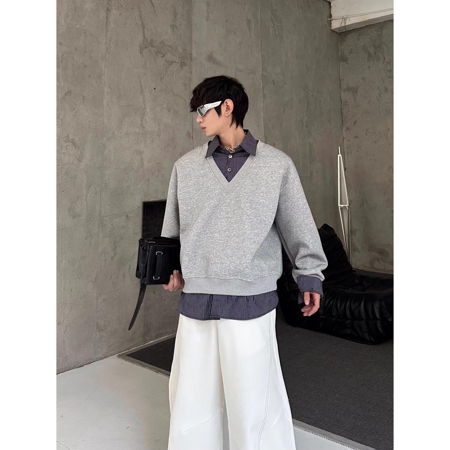 

Men s Spring Autumn New Korean Style Niche Stylish Design Fake Two-Piece Spliced Sweatshirt Solid Color Versatile Loose Top L серый