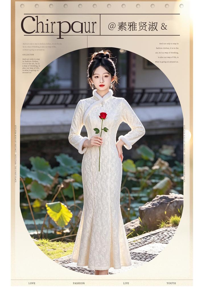White Fishtail New Chinese Cheongsam 1011 New Autumn and Winter Improved Retro Velvet Warm Long-sleeved Dress Women