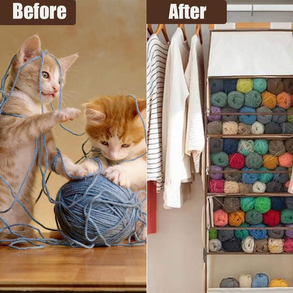 Storage Bag – Large Capacity Hanging Yarn Storage Organizer With 4 Clear Zipper Closure Compartments Pockets & 3 Side Crochet/Knitting Needles Pockets