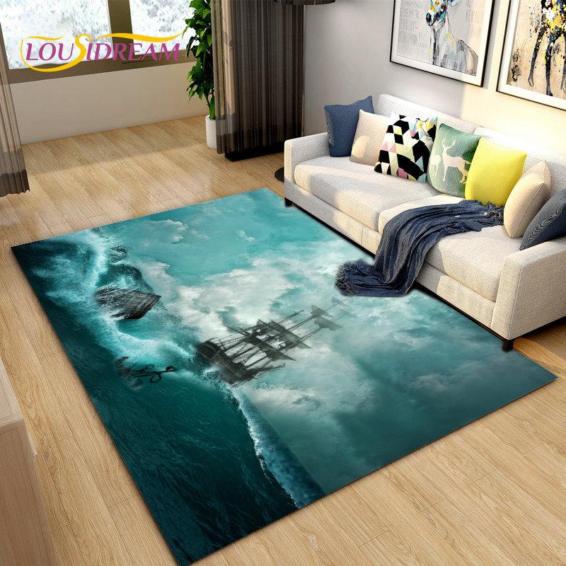 Sea Monster, Boat Ship Barque Area Rug Large,Carpets Rug for Living Bedroom Sofa Doormat Decoration,Kids Play Floor Mat