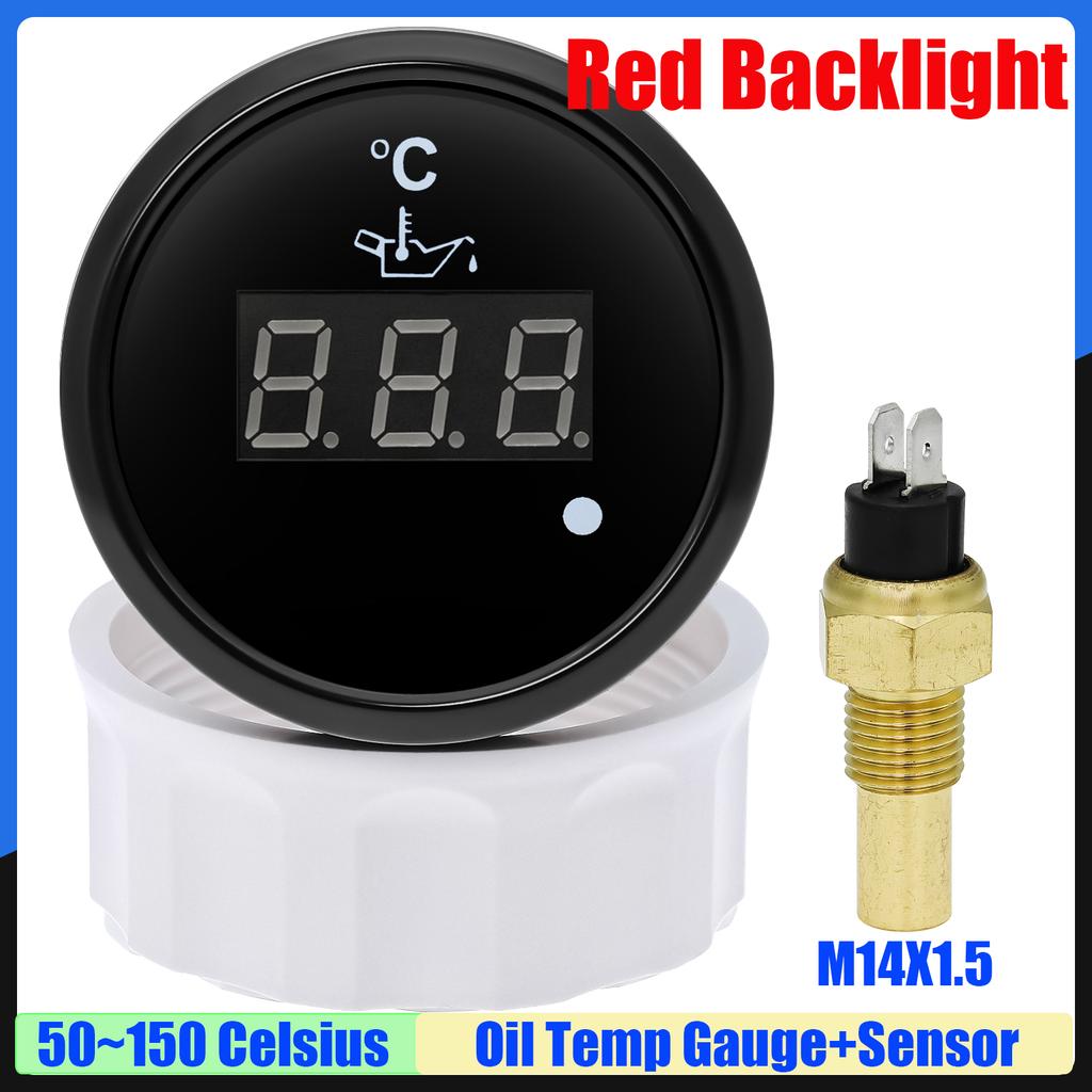Red Light 52mm Oil Temperature Gauge+Sensor with Alarm Digital 50~150 Celsius Oil Temp Meter for Marine Boat Car 12V24V Custom
