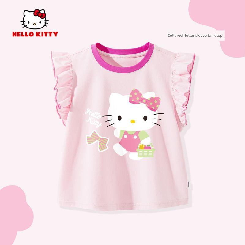 My Melody Girls' Flutter Sleeve T-Shirt Summer 2026 New Pink Children's Round Neck Top Cute Baby Girl Vest