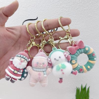 2/6Pcs Cartoon Christmas Keyrings Kawaii Flocked Snowman Santa Claus Backpack Ornaments Exquisite Creative Gift for Best Friend