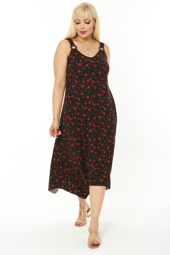Women's Big Size Dress Red Small Flower Pattern Strap Dress
