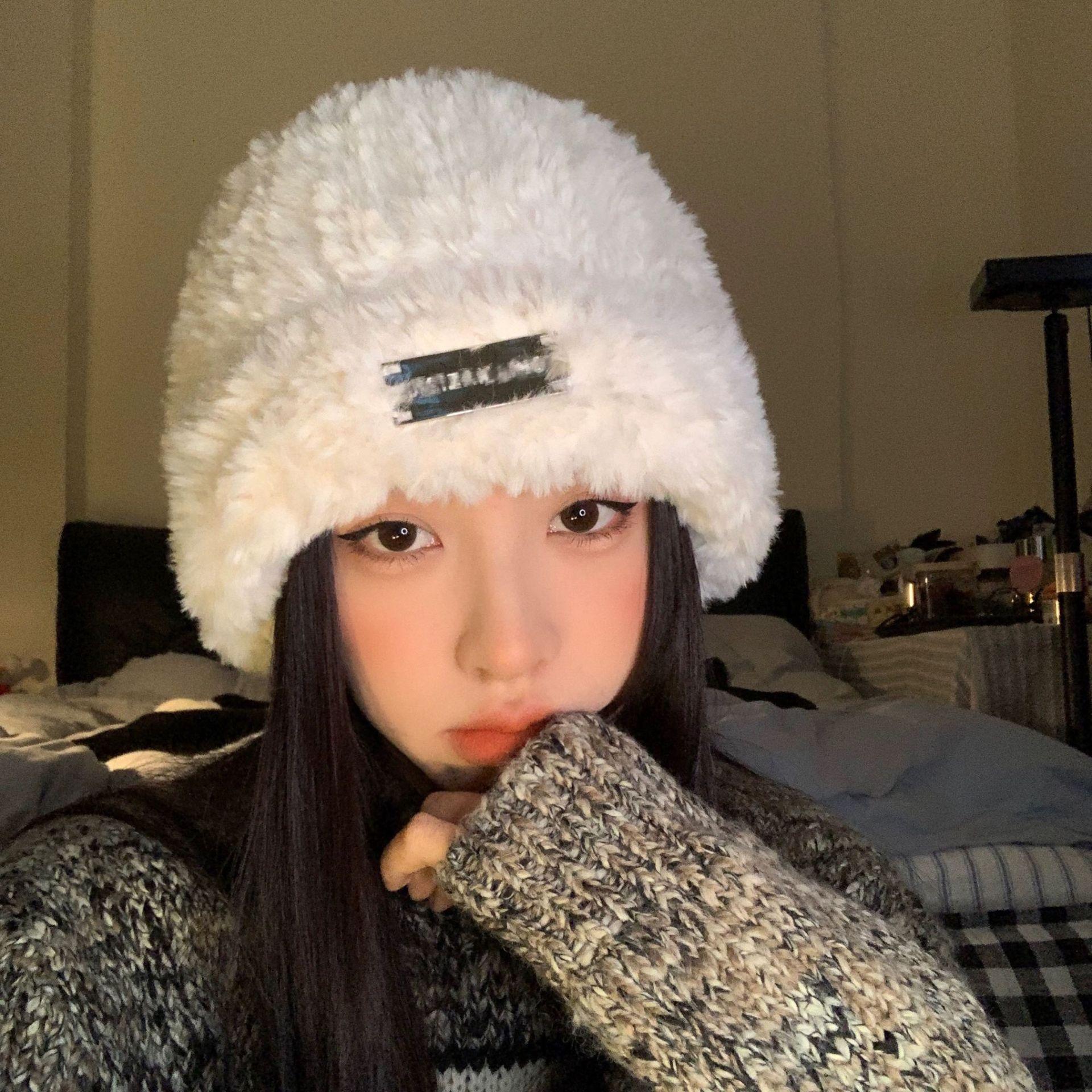 

Hat women s autumn and winter new warm plush hat showing a small face knitted pullover hat fashionable versatile ear protector cold hat one size fits all білий
