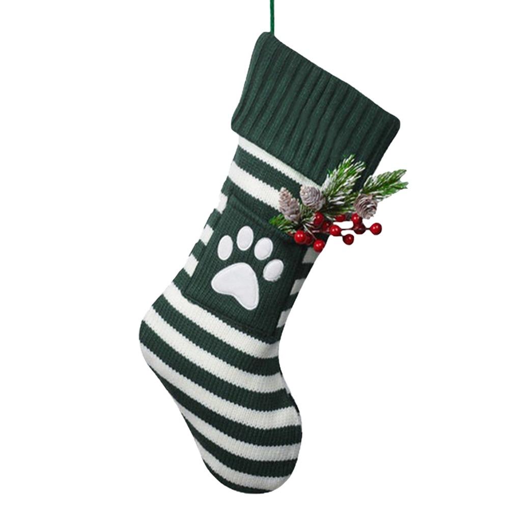 Large Capacity Christmas Knitted Socks Embroidered Stripe Christmas Stockings Cat Claw Hanging Ornaments Christmas Tree Pendant