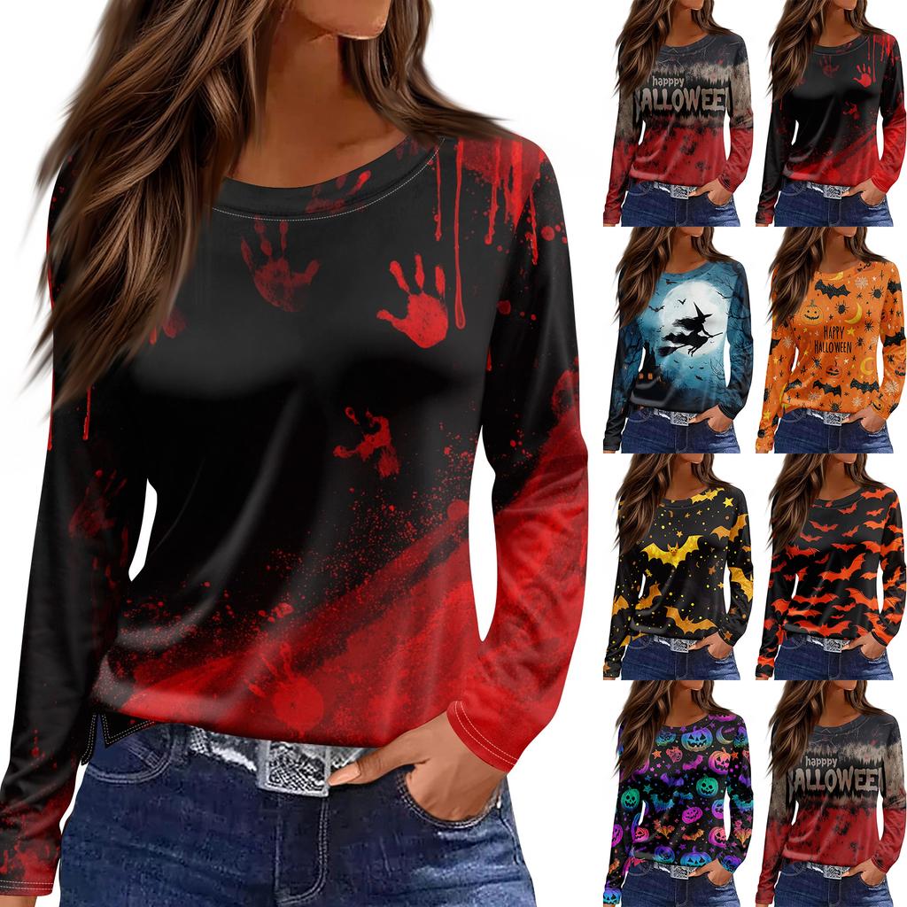 Women's Round Neck Long Sleeve Top with Halloween Print and Side Slit for Fall Festive Occasions