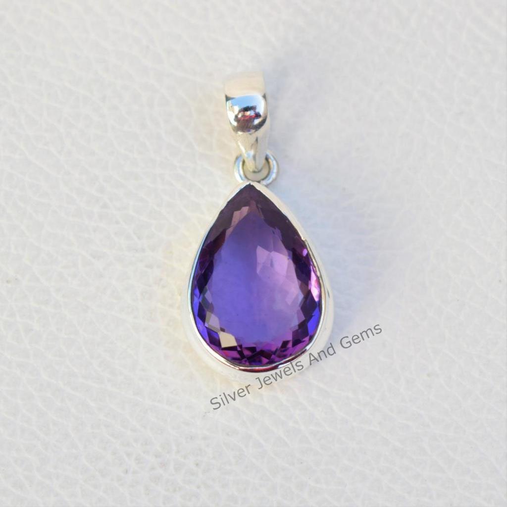 Natural Amethyst Pendant-925 Sterling Silver Handmade Pendant-Teardrop Crystal Pendant-Anniversary Pendant