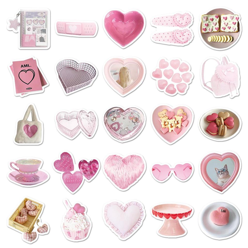 50 Heart-Shaped Pink Waterproof Stickers for Journals, Cups, and Decor