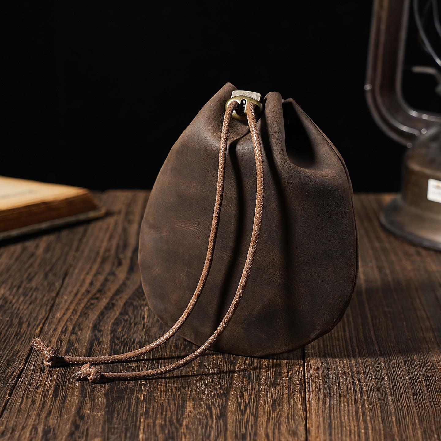 

Retro Crazy Horse Leather Coin Purse: Genuine Cowhide Drawstring Bag for Jewelry, Cards, and Keys