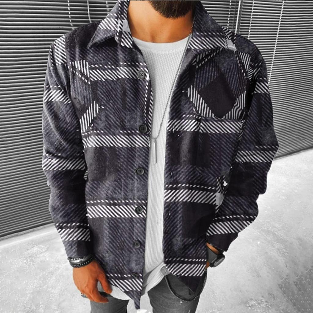Men's Brushed Plaid Shirts Long Sleeve Flannel Lapel Button Down Pocketed Shacket Jacket Coats