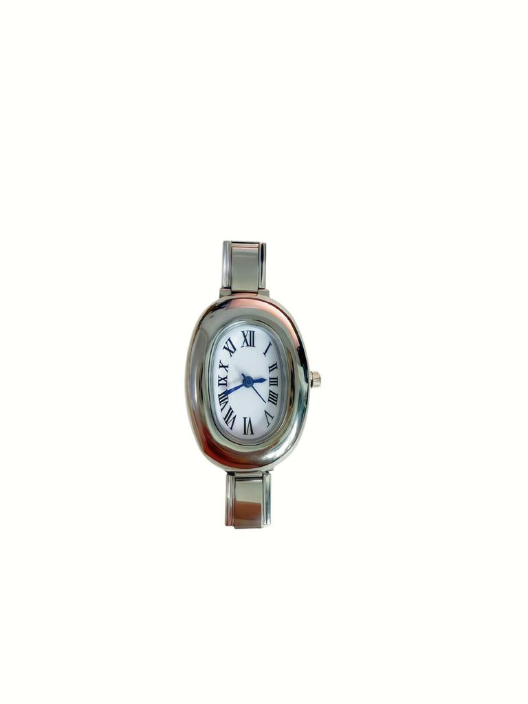 Ins Retro Oval Dial Module Watch Glossy Stainless Steel Band Simple Vertical Roman Scale Elegant Casual Quartz Wrist Watch