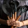 7-Piece Black Silicone Kitchen Utensil Set with Wooden Handles for Non-Stick Cookware
