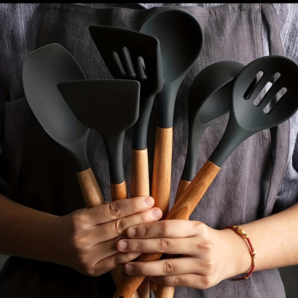 7-Piece Black Silicone Kitchen Utensil Set with Wooden Handles for Non-Stick Cookware