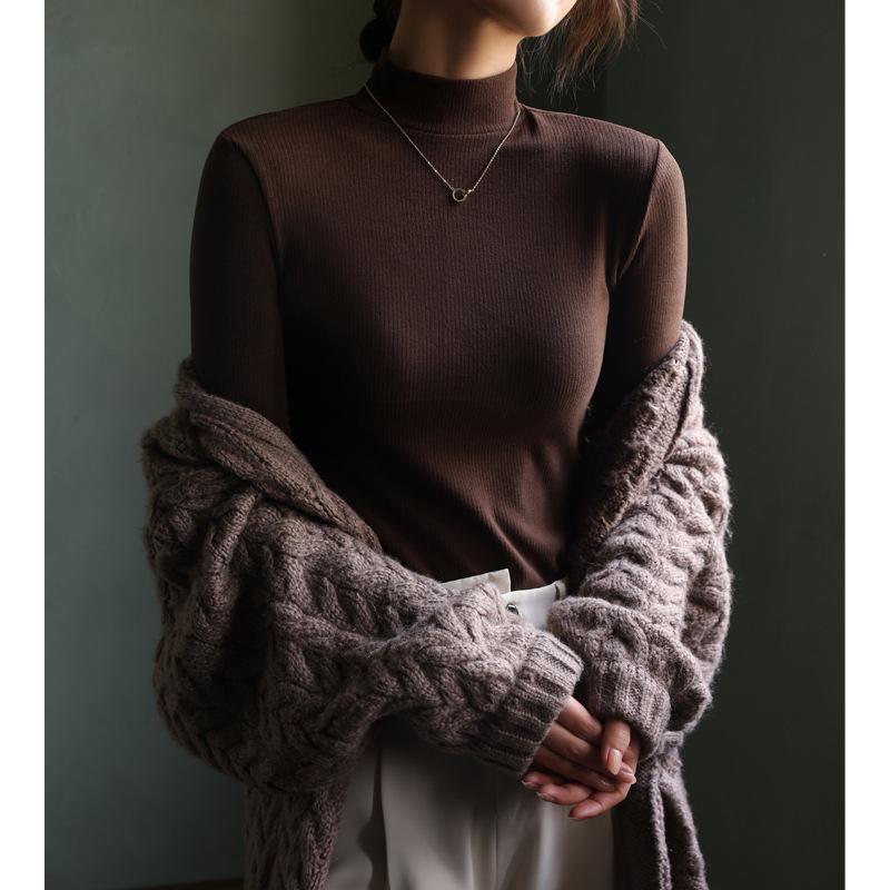 

DeRong Осенне-зимний трикотажный топ с полуворотником-стойкой для женщин, с длинным рукавом, прилегающий, базовый, со средним воротником S кофейный