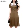 ZANZEA Women Casual Navy Collar Loose Short Sleeve Pleated Dress