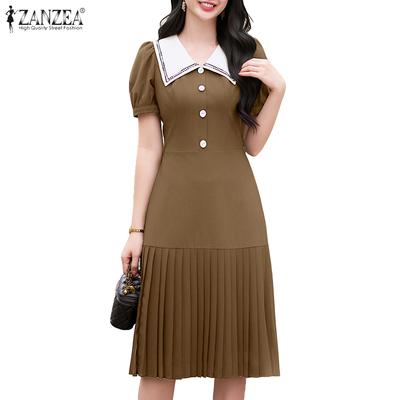 Women Casual Navy Collar Loose Short Sleeve Pleated Dress