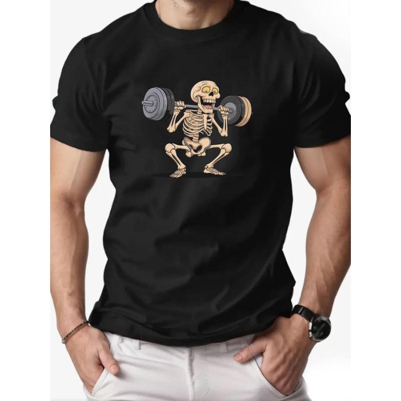 Summer Round Neck Skeleton Lifting Weights Pattern Printed Top Fashionable Casual Pure Cotton Short Sleeved Men's T-shirts