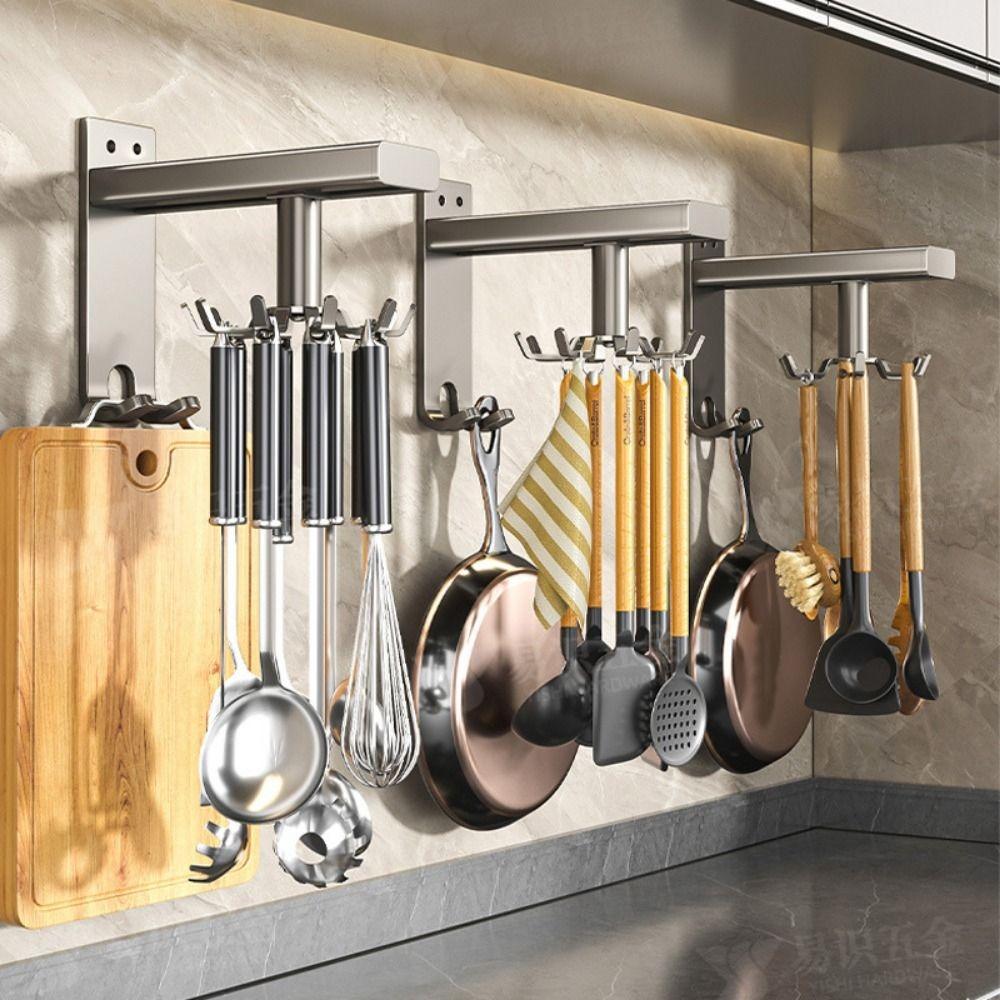 Wall Mounted Kitchen Hook Rack 360 Degrees Rotating Kitchen Storage Rack Utensil Organizer Indoor