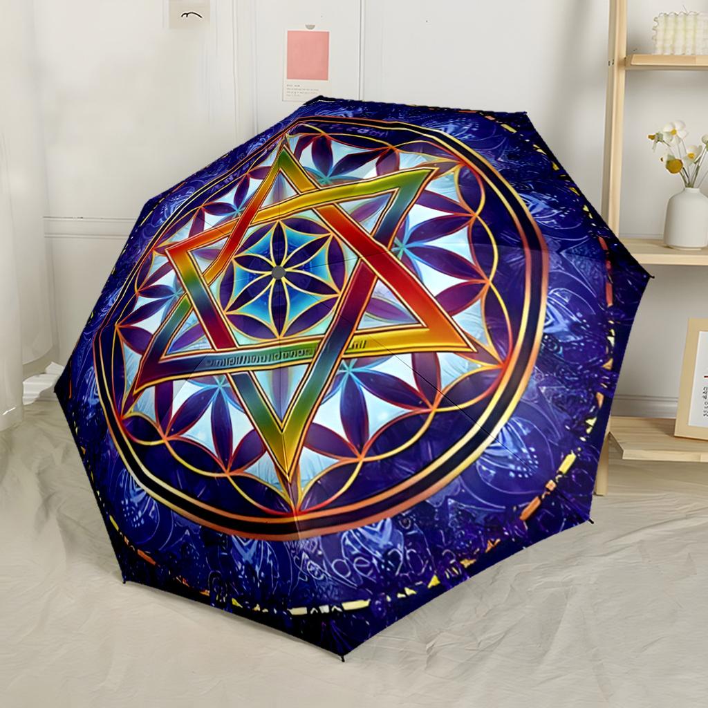 Flower of Life Rainbow Pattern Automatic Umbrella Retractable Design with 8 Rib Durability Durable Plastic Iron Travel Essential