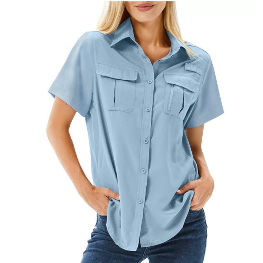YYFS Women's Fashion Casual Summer Spring Solid Color Print Short Sleeve POLO Neck Blouses & Shirts