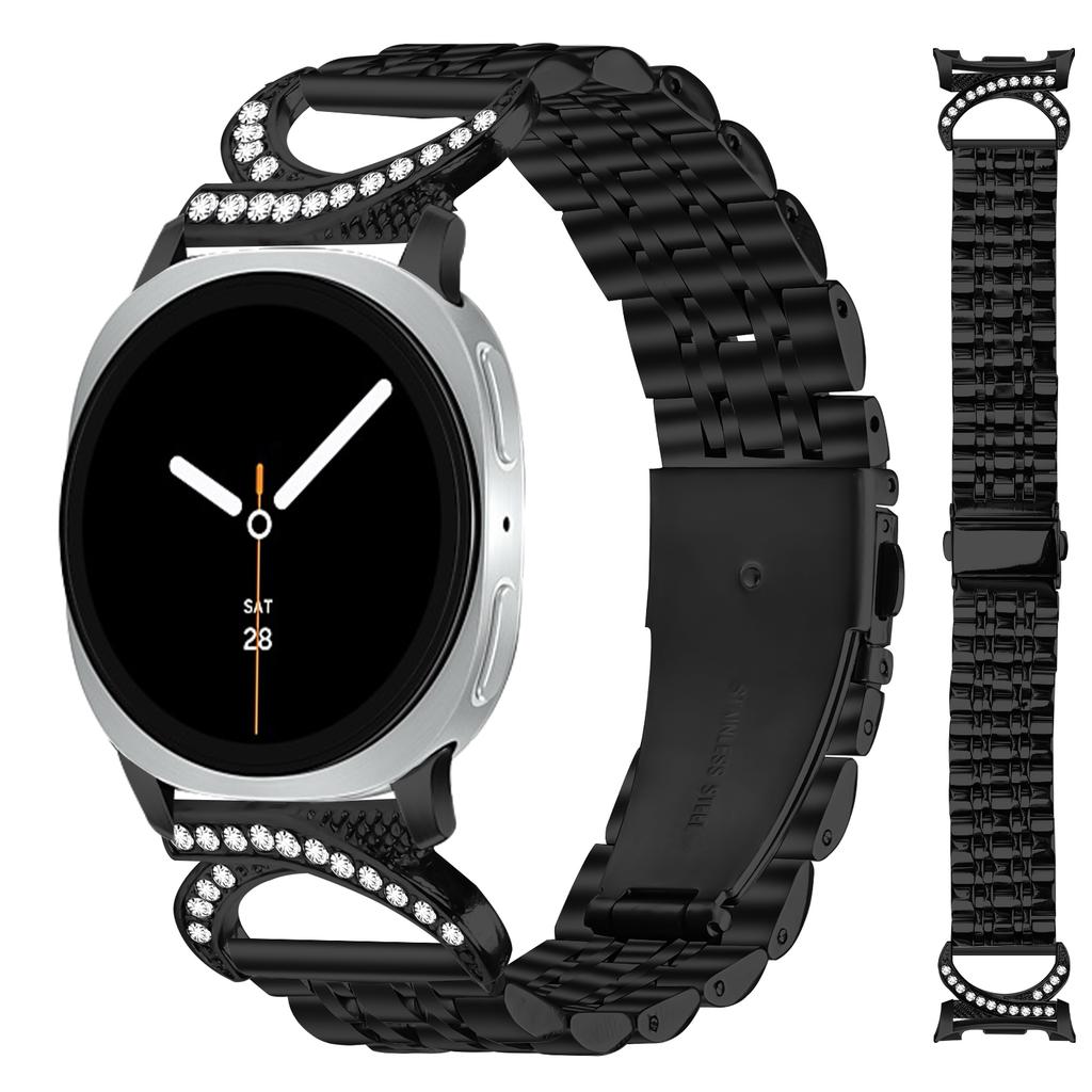 Uhrenarmband für Samsung Galaxy Watch8 Classic 46mm/Watch8 44mm/40mm Sieben-Perlen-Edelstahlband mit Strassstein-Ochsenhorn-Stil-Verbinder