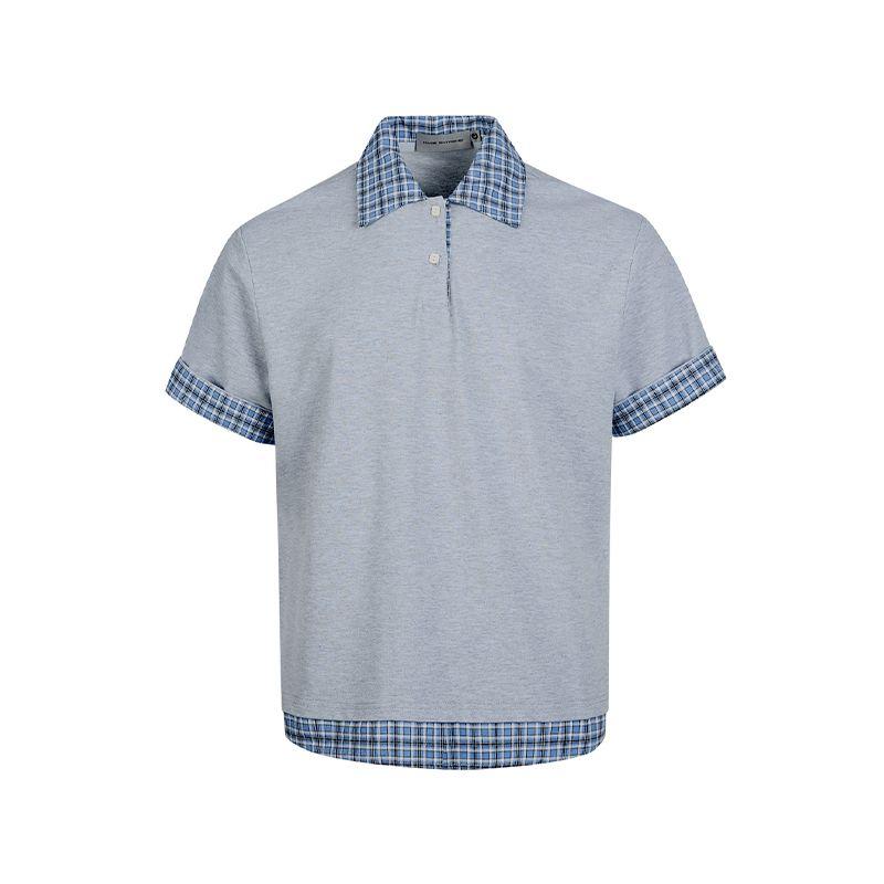 

Acrardic American Plaid Lapel Fake Two Pieces Polo Shirt Men Retro Preppy Casual Short sleeve T-shirt 2025 Flower Gray 2XL