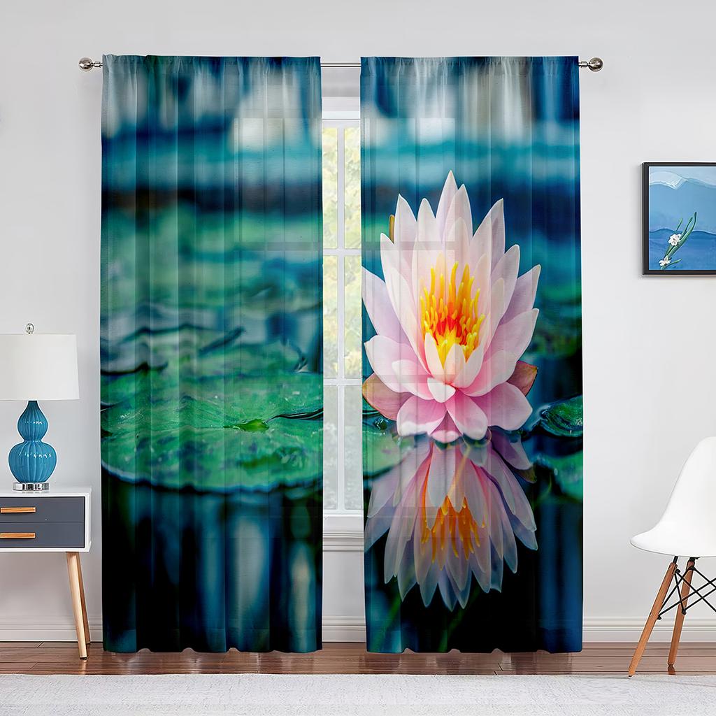 Lotus Flower with Pinkish Petals Water Lily Green Tulle Curtains for Living Room Bedroom Kitchen Chiffon Sheer Curtain Drapes