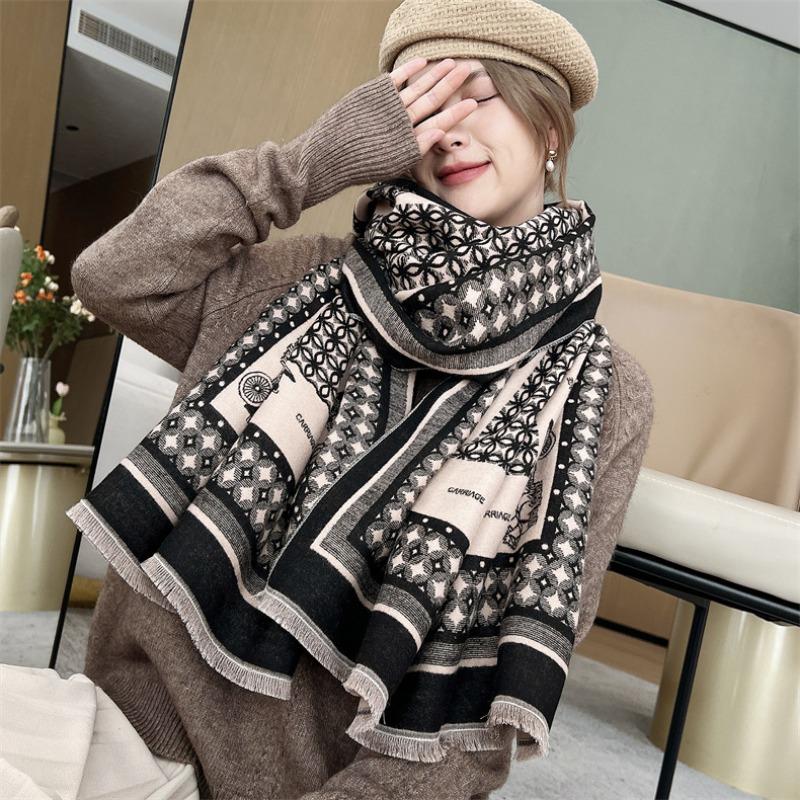 Scarf Women's Winter Versatile Thickened Warm Carriage Shawl with Imitation Cashmere Double-sided Jacquard Scarf Neck Protection