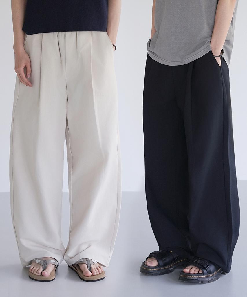 Jikeulib Linen-Like Elastic Waist One Pintuck Wide Pants 2 Colors