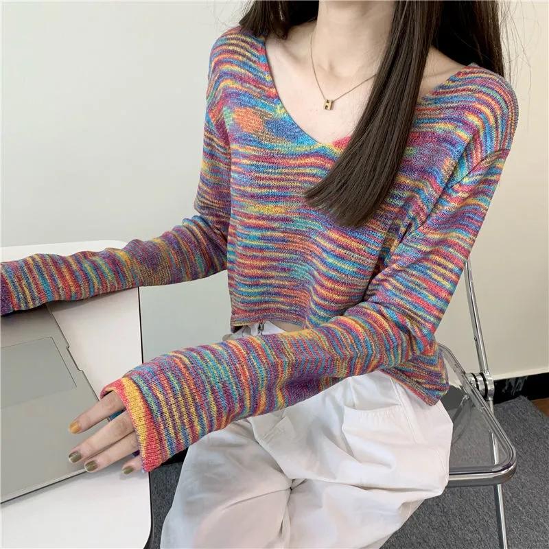 Sweater Rainbow Dye Striped Cropped Short Sweater Long Sleeve Knit V-Neck Loose Top Pullover Knit