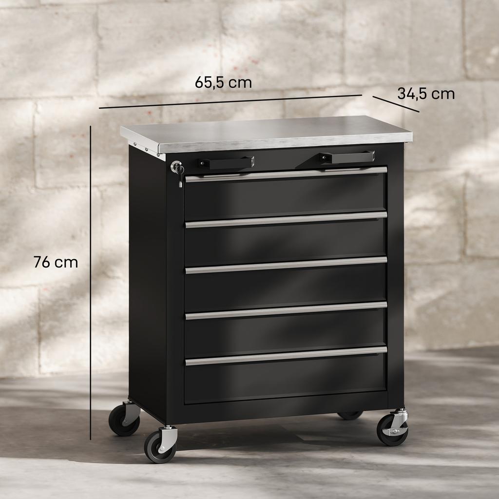 Tool Cabinet with 5 Drawers, Rolling Tool Chest, Tool Cart Made of Steel, Silver Tone+Black