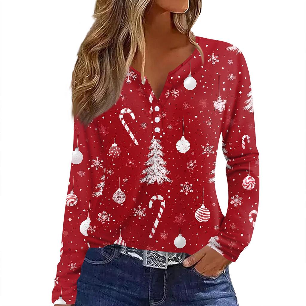 Damen T-Shirt mit Weihnachtsdruck, Knopfleiste, lange Ärmel, für den Alltag, Wochenende, modisch, Basic, V-Ausschnitt, normales Oberteil