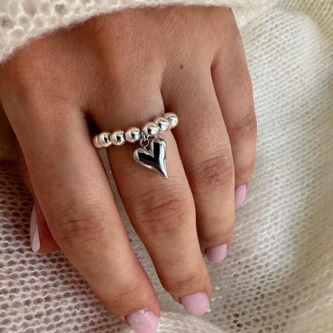 Stainless Steel Heart Ring for Women - Personalized Versatile Beaded Elastic Ring