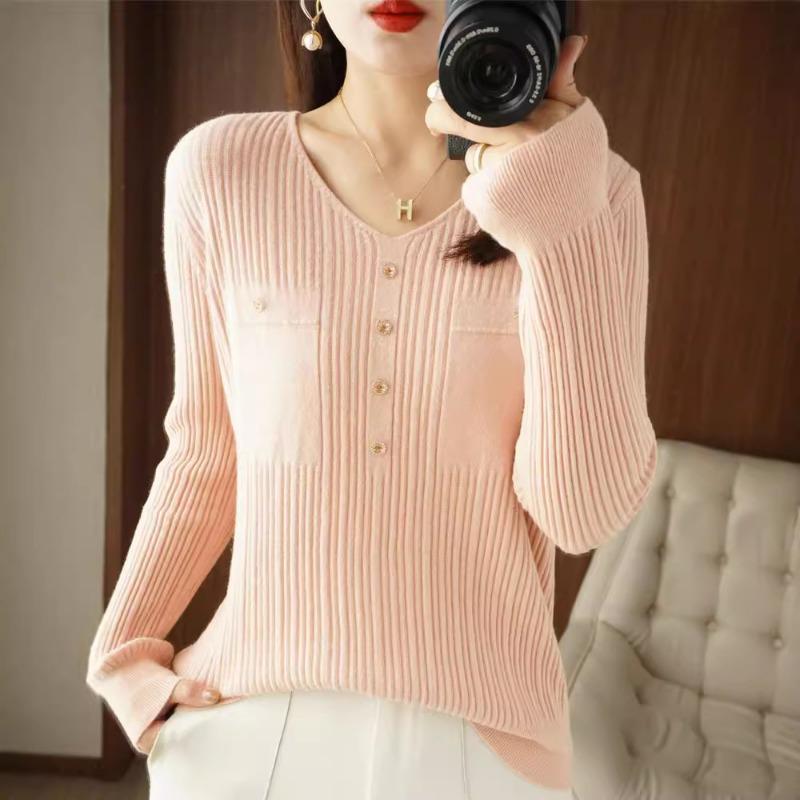 Spring and Autumn New Women's Low-Neck Sweater Women's V-Neck Drilled Buckle Andy Velvet Knitted Bottom Sweater Women's Batch
