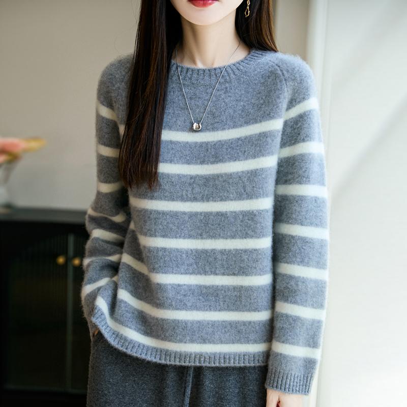 Women Sweater 100% Wool MODERN NEW SAGA O-neck Stripe Knit Pullover Thick Winter Jumpers Female Knit Tops