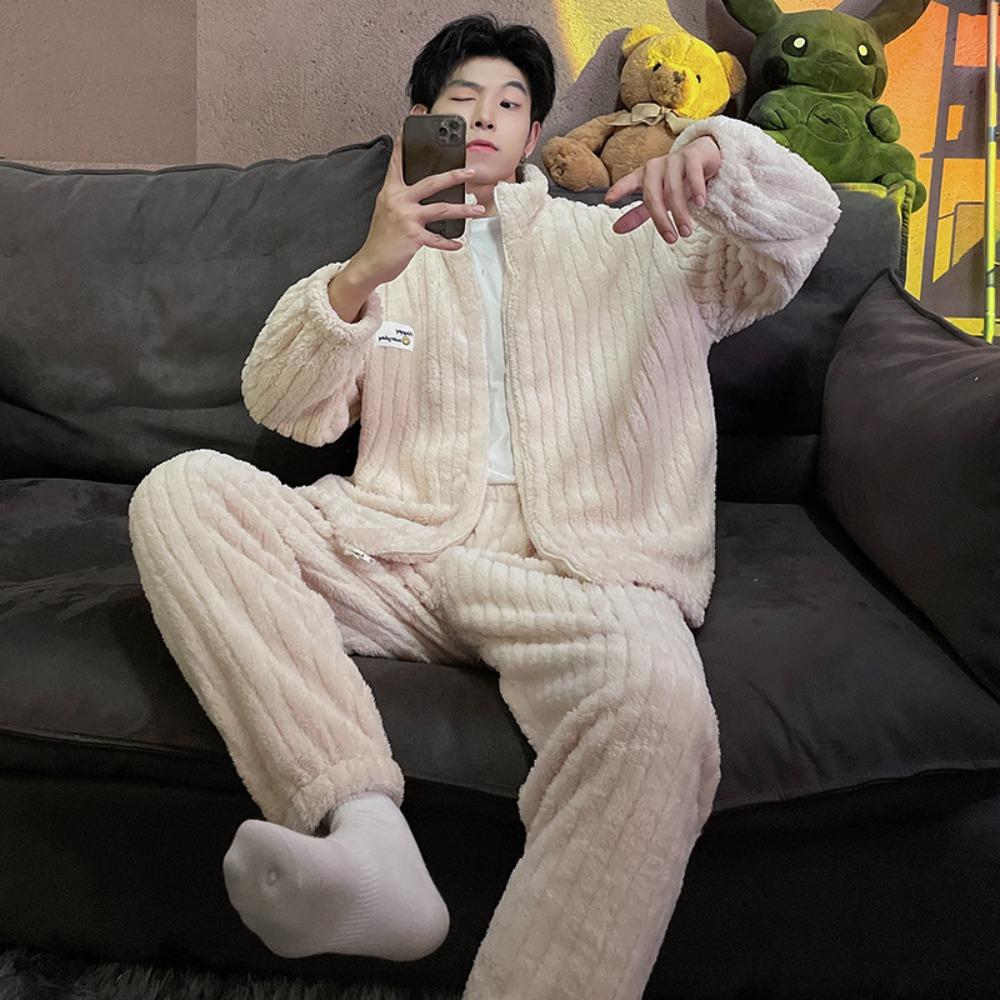 Pigiama Set Uomo Autunno Inverno Spesso Pile Cerniera Collo Alto Manica Lunga Pigiami Caldi Peluche Loungewear Uomo Casual Abbigliamento Casa