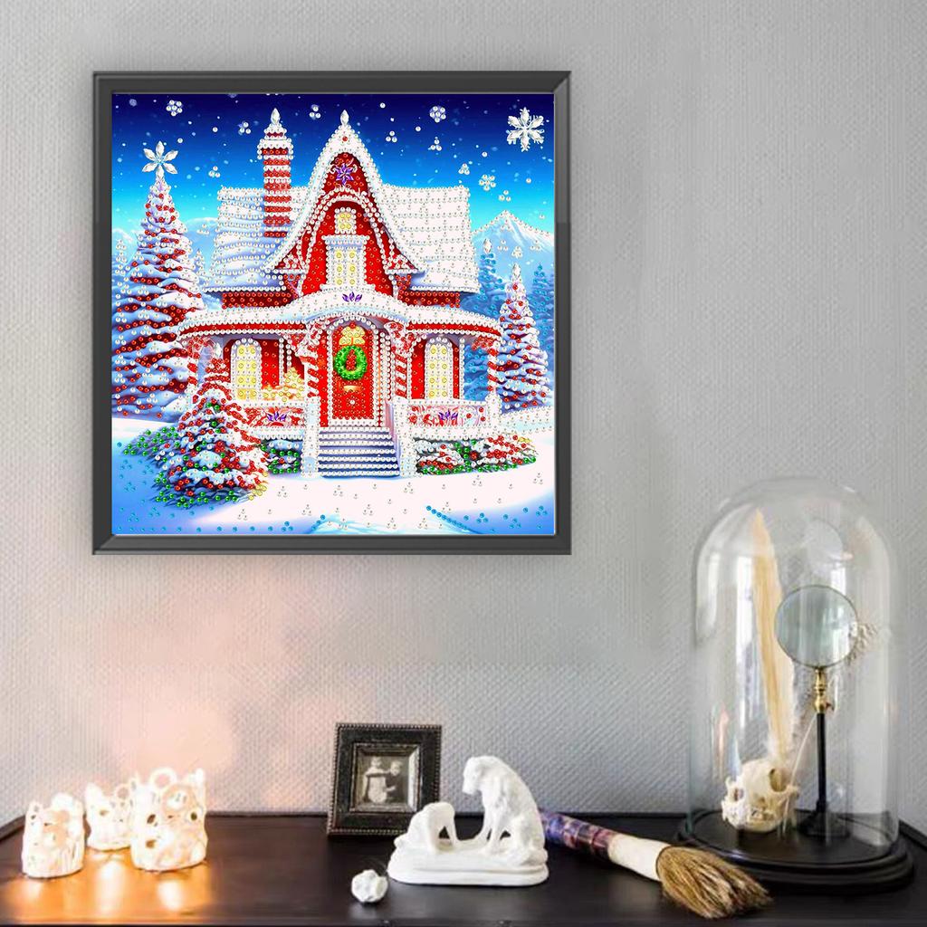 Christmas House Diamond Dots Gem Art for Home Office Wall Decor Special Shape Partial Drill Dimond Art Paintings 11.81x11.81in