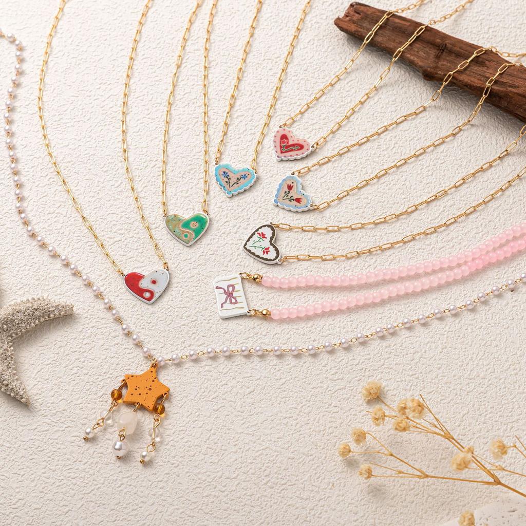 Ceramic Love Star Necklace Small Flower Tai Chi Color Printed Pendant 14K Fresh And Sweet