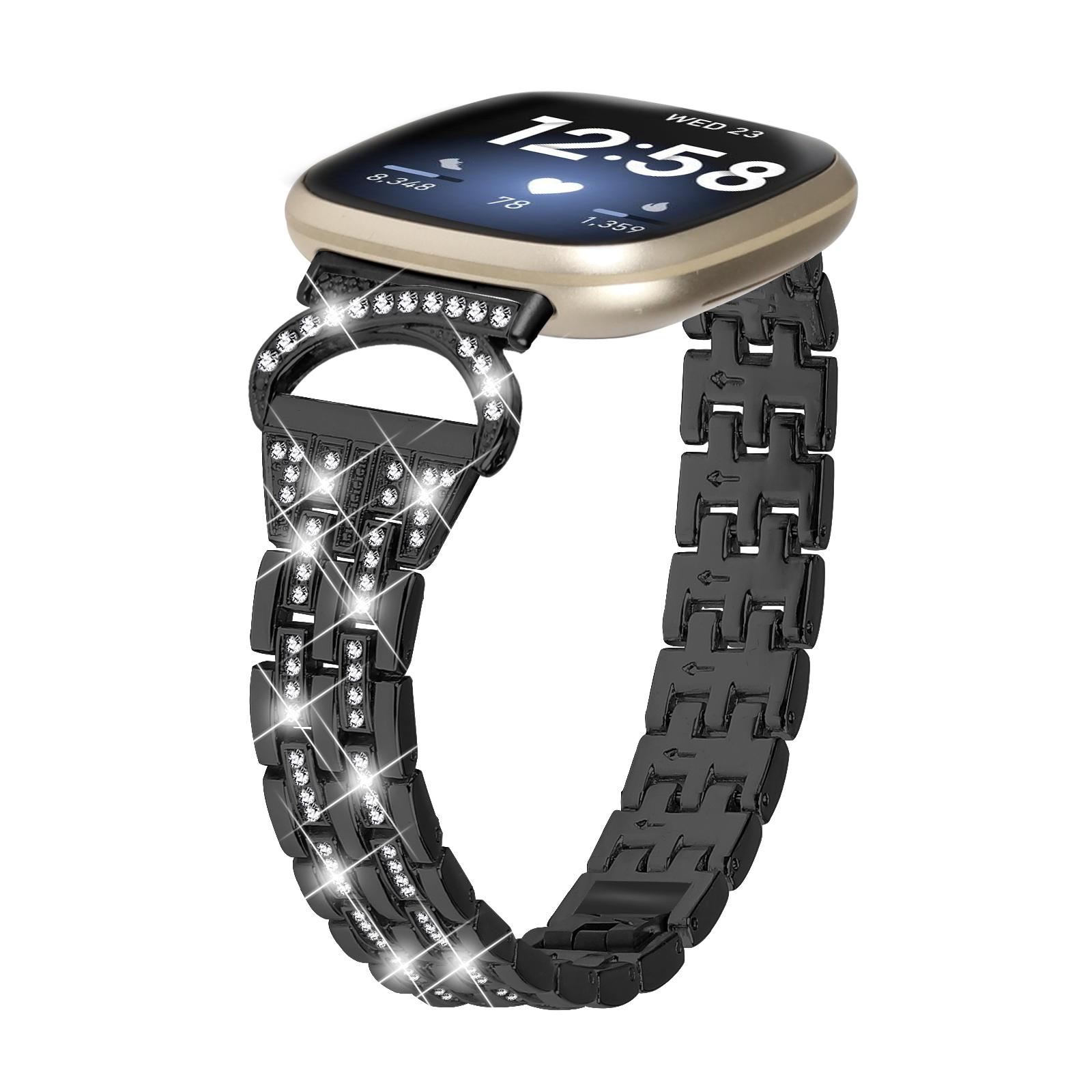 

For Fitbit Versa 4/Sense 2 Bling Rhinestone Decor Band 5-Bead Stainless Steel Watch Strap Bracelet Silver